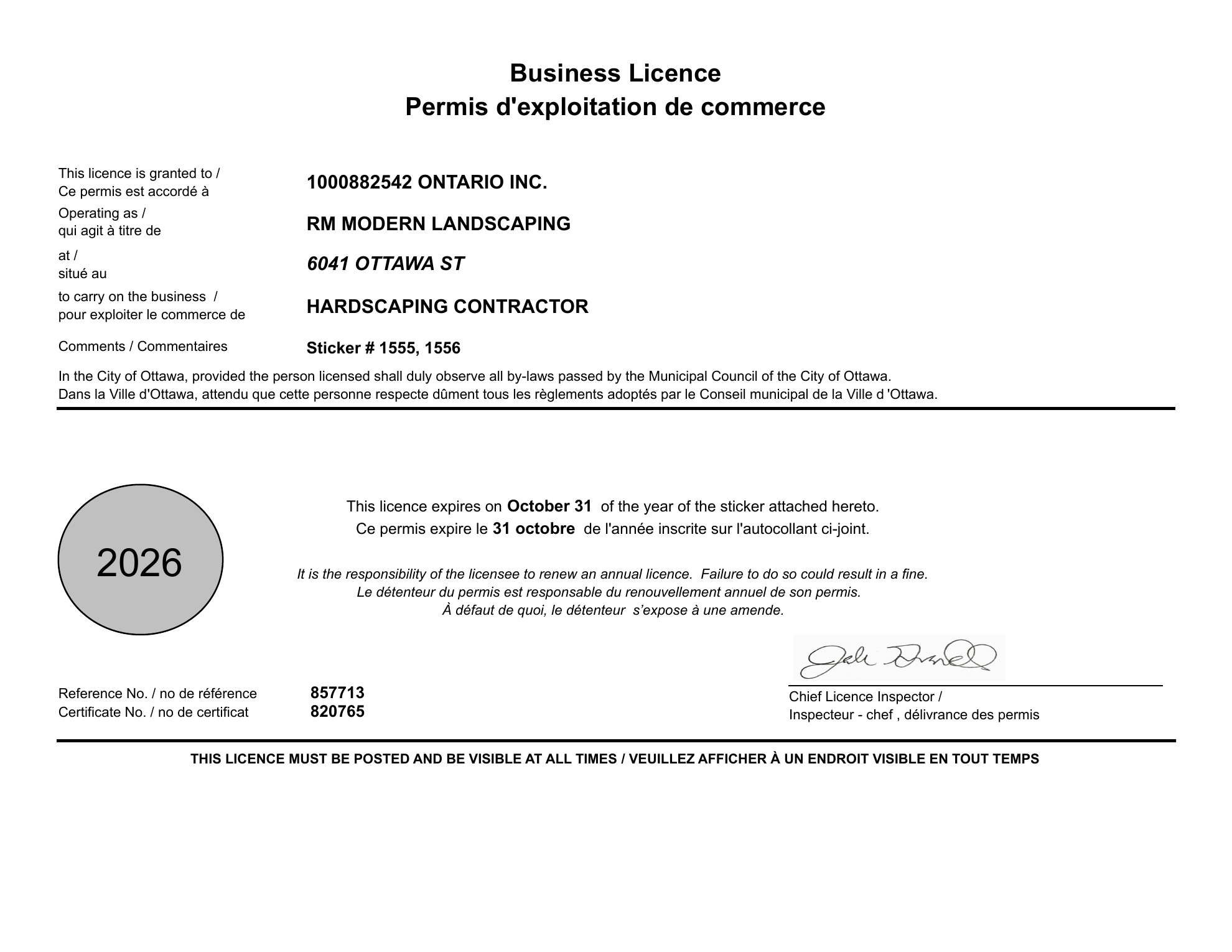City of Ottawa business licence for RM Modern Landscaping
